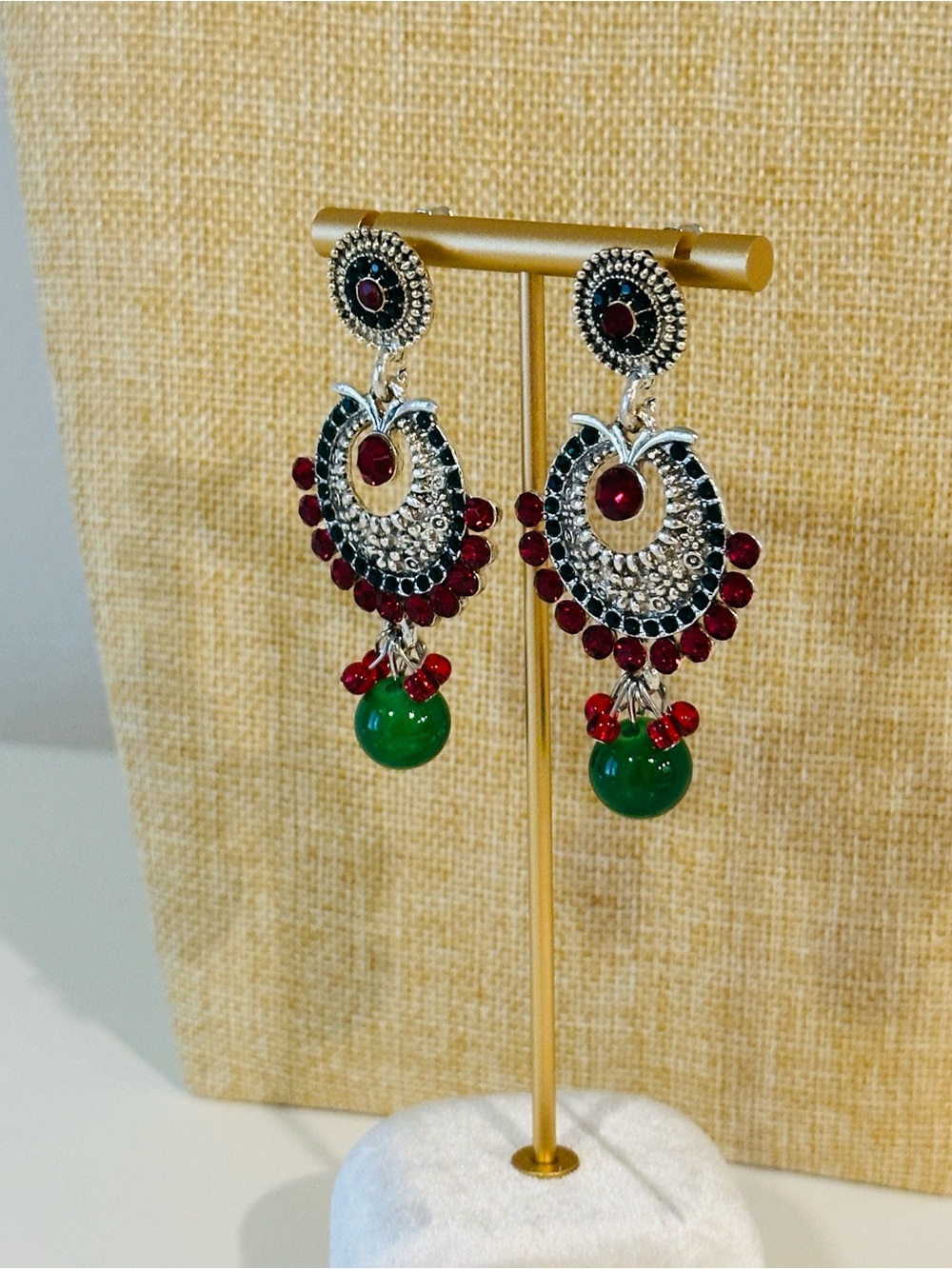 Fashion Jewelry Silver-Tone Chandeliers with Red and Green Accents